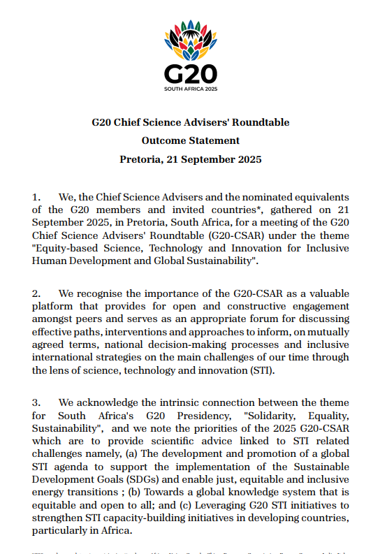 G20 Chief Science Advisers' Roundtable Outcome Statement Pretoria, 21 September 2025