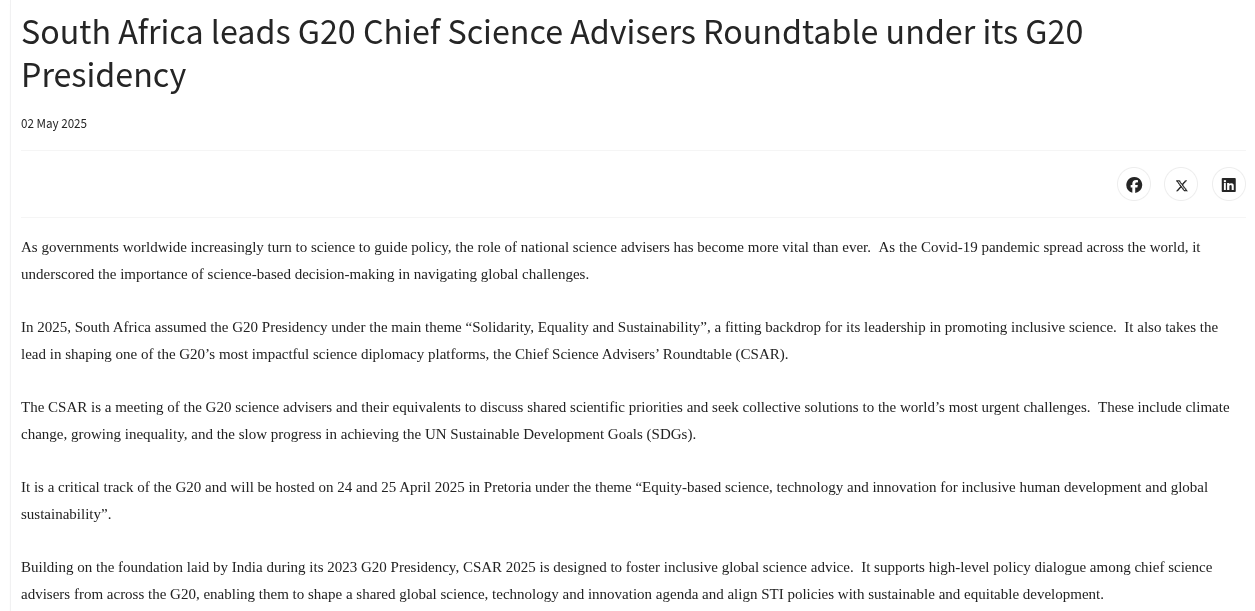 South Africa leads G20 Chief Science Advisers Roundtable under its G20 Presidency