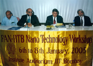 Figure 1: Dr R Chidambaram (second from left-hand side), Principal Scientific Adviser to the Govt of India (2001-18) at International Workshop on Nanotechnology jointly organised by Faculty-Alumni-Network (FAN) and IIT Bombay. Dr Chidambaram highlighted the importance of Nanotechnology research for India, specifically mentioning the initiatives by the Govt of India in setting up two Centres of Excellence for research in Nanoelectronics, with one of the centres being located at IIT Bombay. (Pic courtesy: FAN-IITB Workshop 2005)