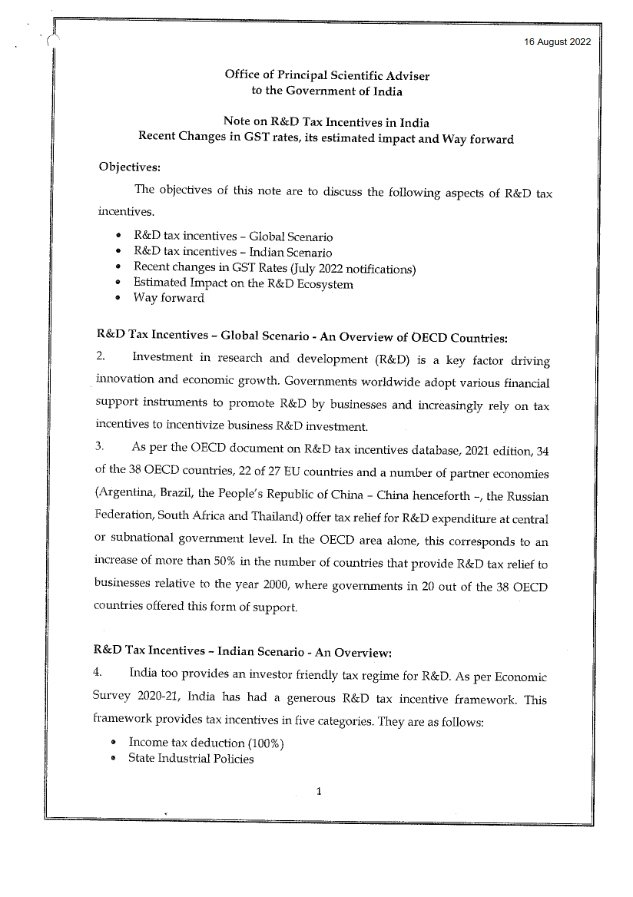 Note on R&D Tax Incentives in India